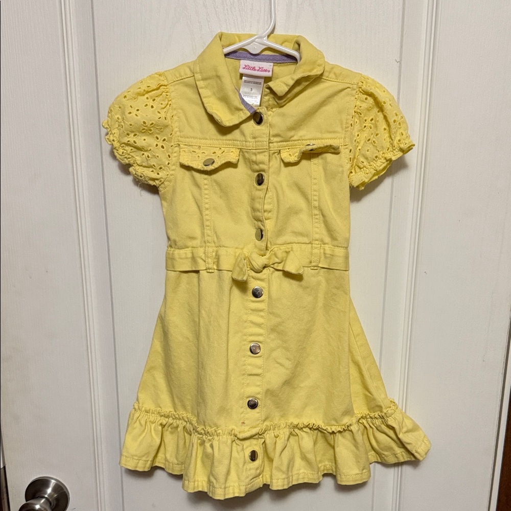 Little Lass Yellow Button-Down Dress with Eyelet Sleeves